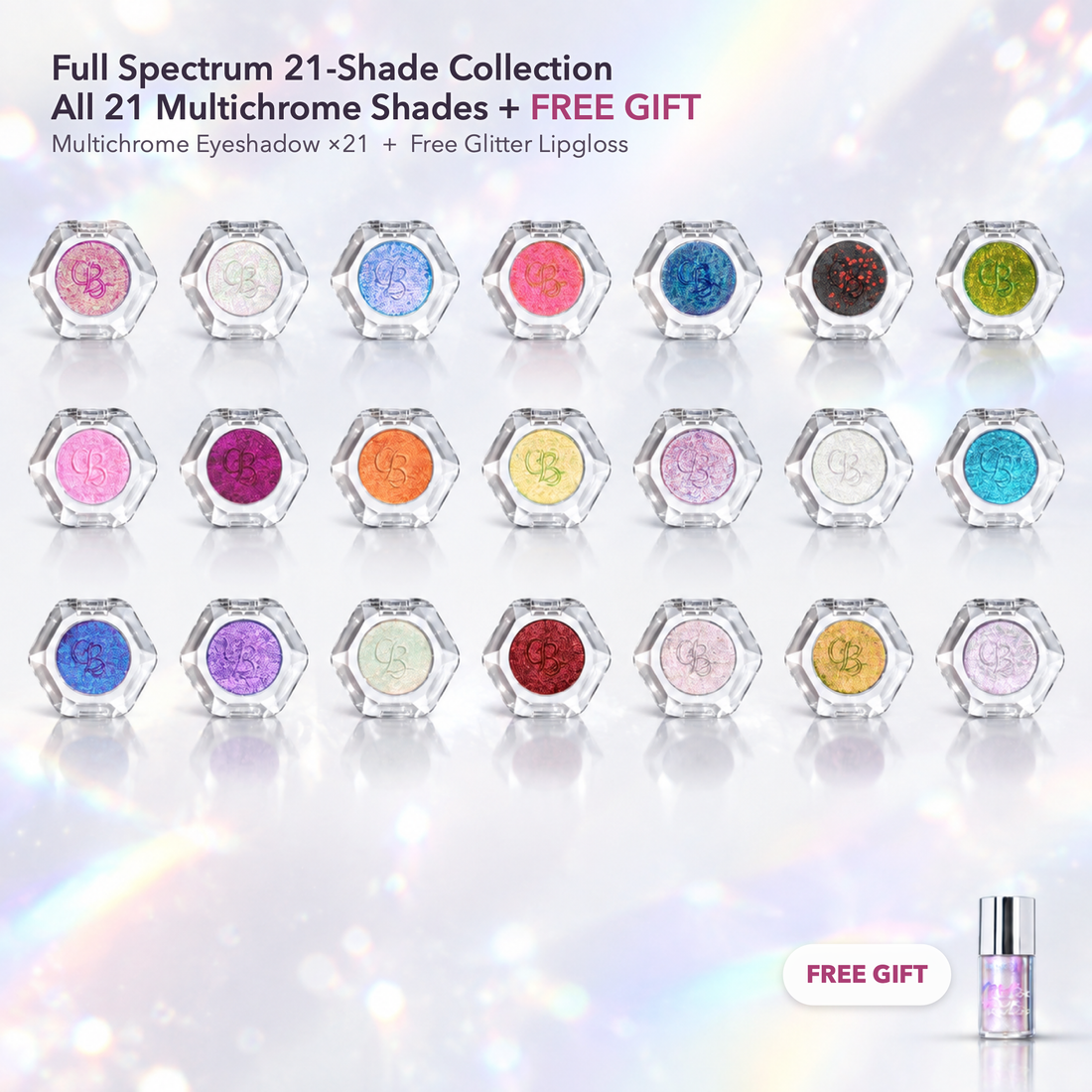 Ourbella Full Spectrum 21-piece multichrome eyeshadow collection arranged in rows