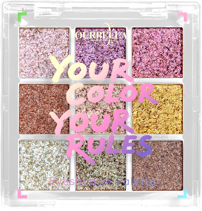 OURBELLA Stardust 9-Pan Shimmer Eyeshadow Palette with champagne pink lilac gold and bronze shades