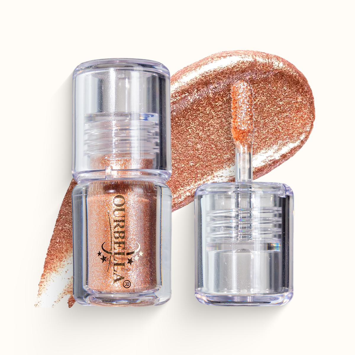 Copper liquid eyeshadow texture with rose-gold and champagne shimmer