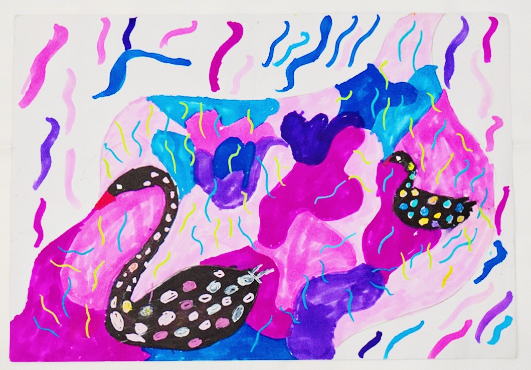 A pink and blue abstract painting created by the founder's daughter