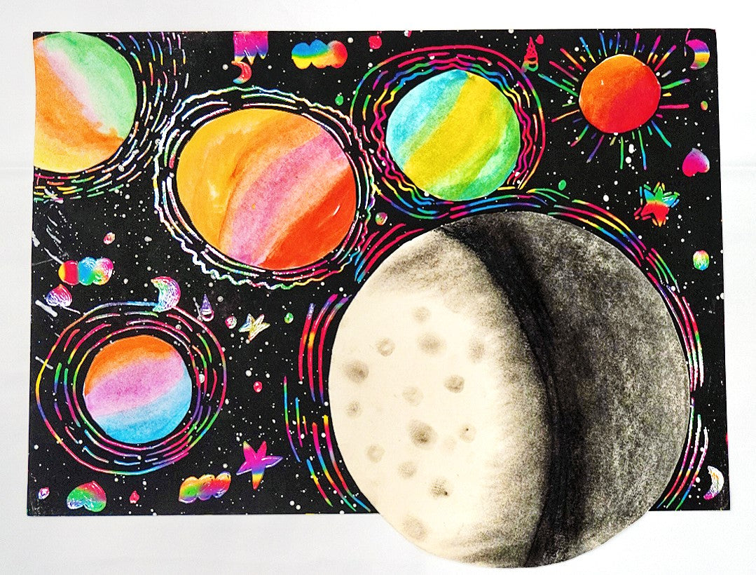 A colorful universe painting created by the founder's daughter