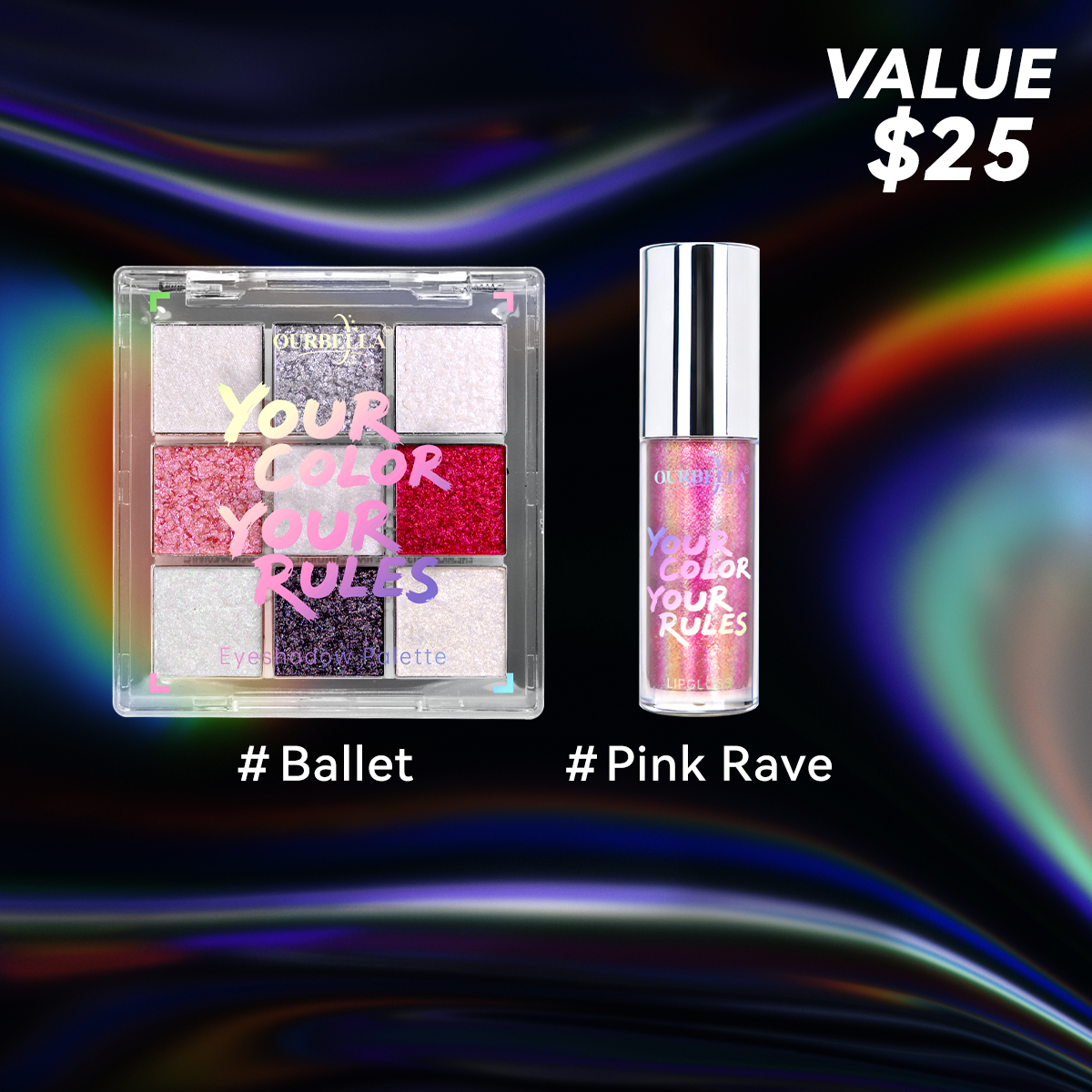 Makeup Set Duochrome Eyeshadow palette & Holographic Glitter Lipgloss
