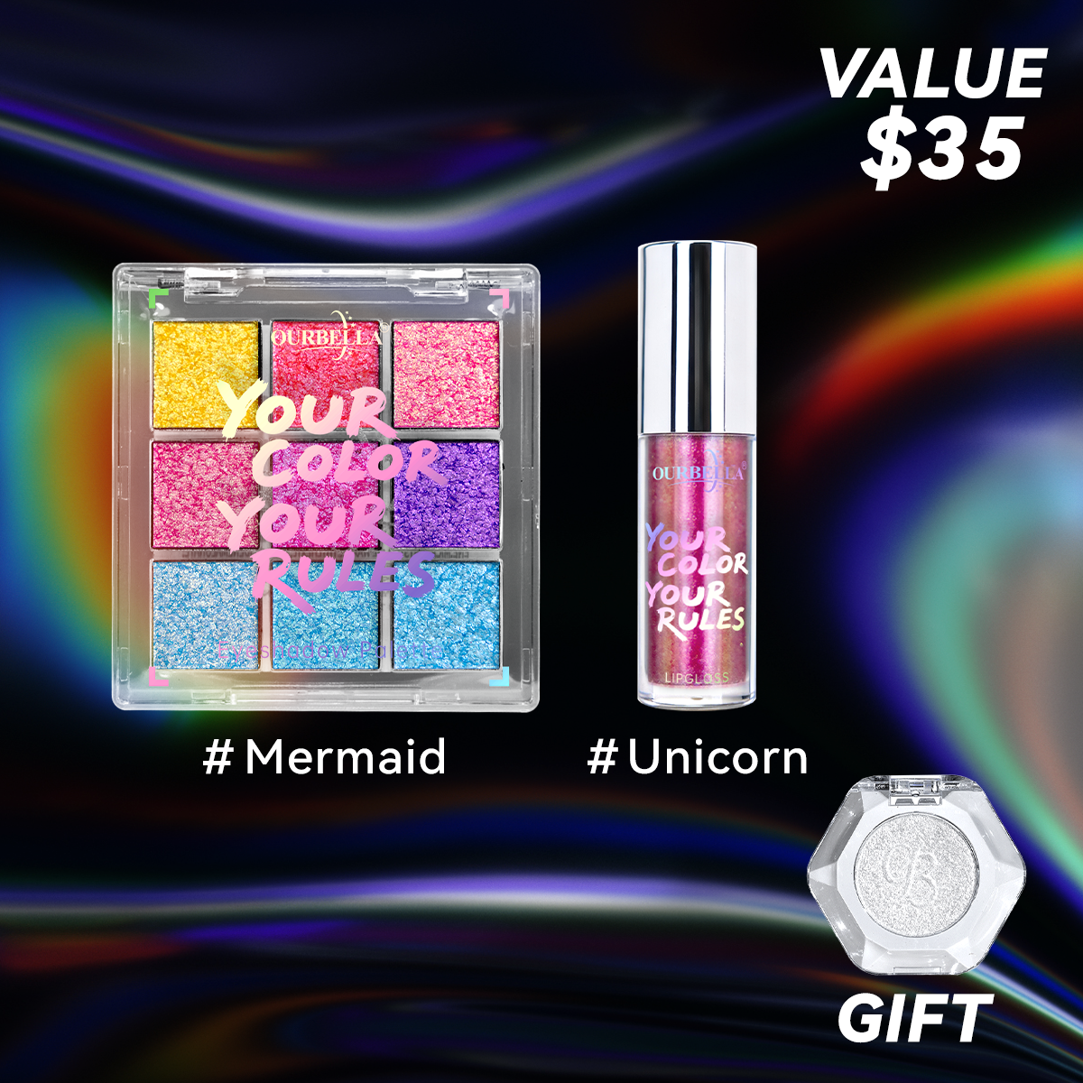 Makeup Set Duochrome Eyeshadow palette & Holographic Glitter Lipgloss