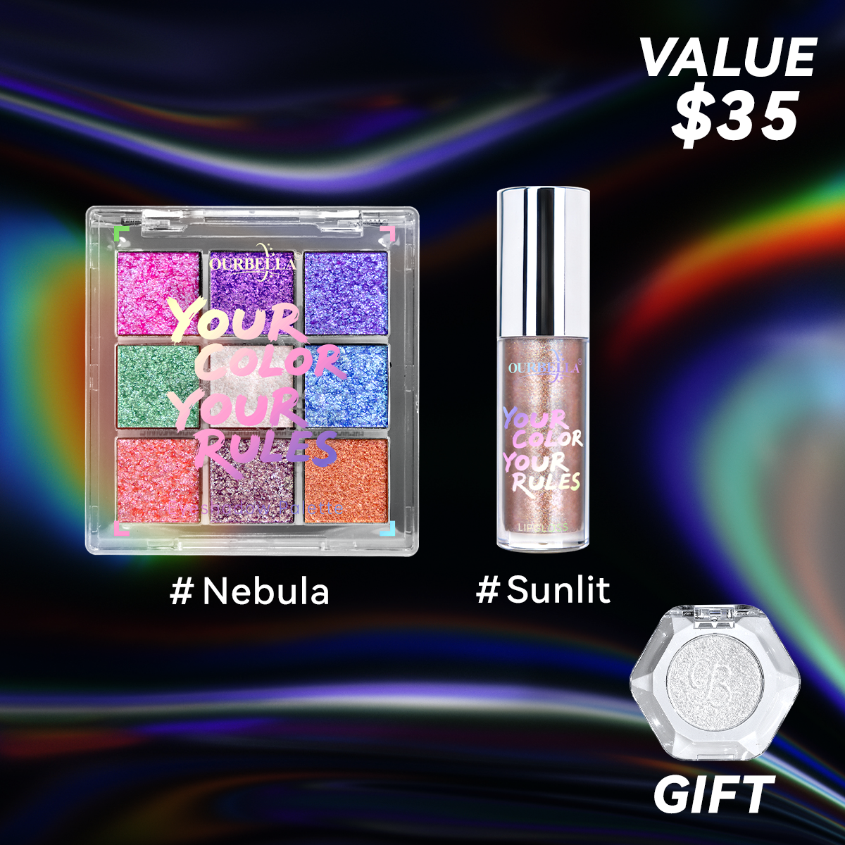 Makeup Set Duochrome Eyeshadow palette & Holographic Glitter Lipgloss