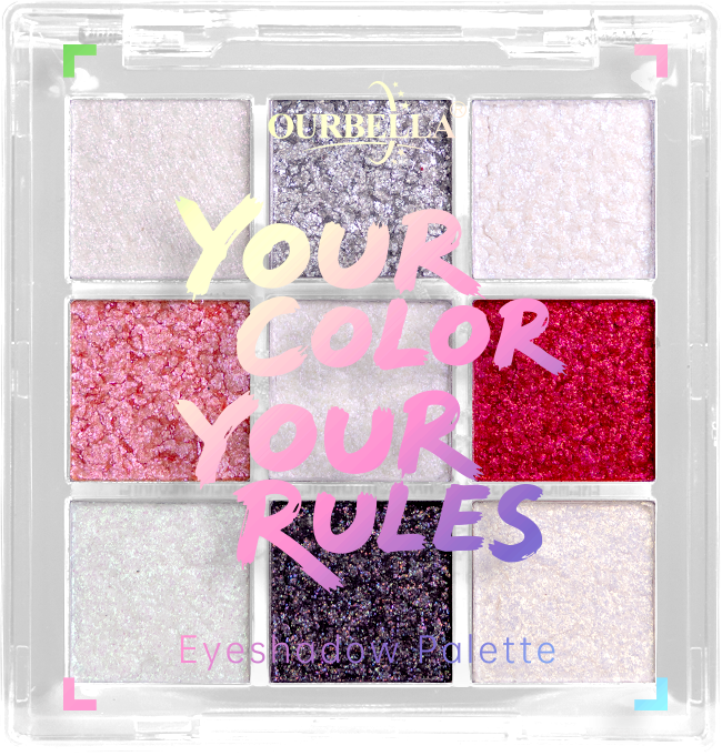OURBELLA Ballet 9-Pan Eyeshadow Palette with pearl white pink red and charcoal shades