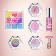 OURBELLA Complete Prismatic Makeup Set with Mermaid palette, multichrome eyeshadows, rainbow highlighter, lip gloss, and free liquid eyeshadow