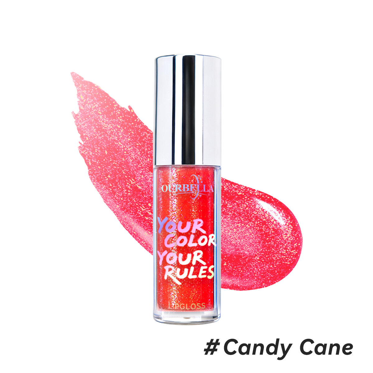 Brilliant candy red metallic shimmer lip gloss swatch of OURBELLA #Candy Cane.