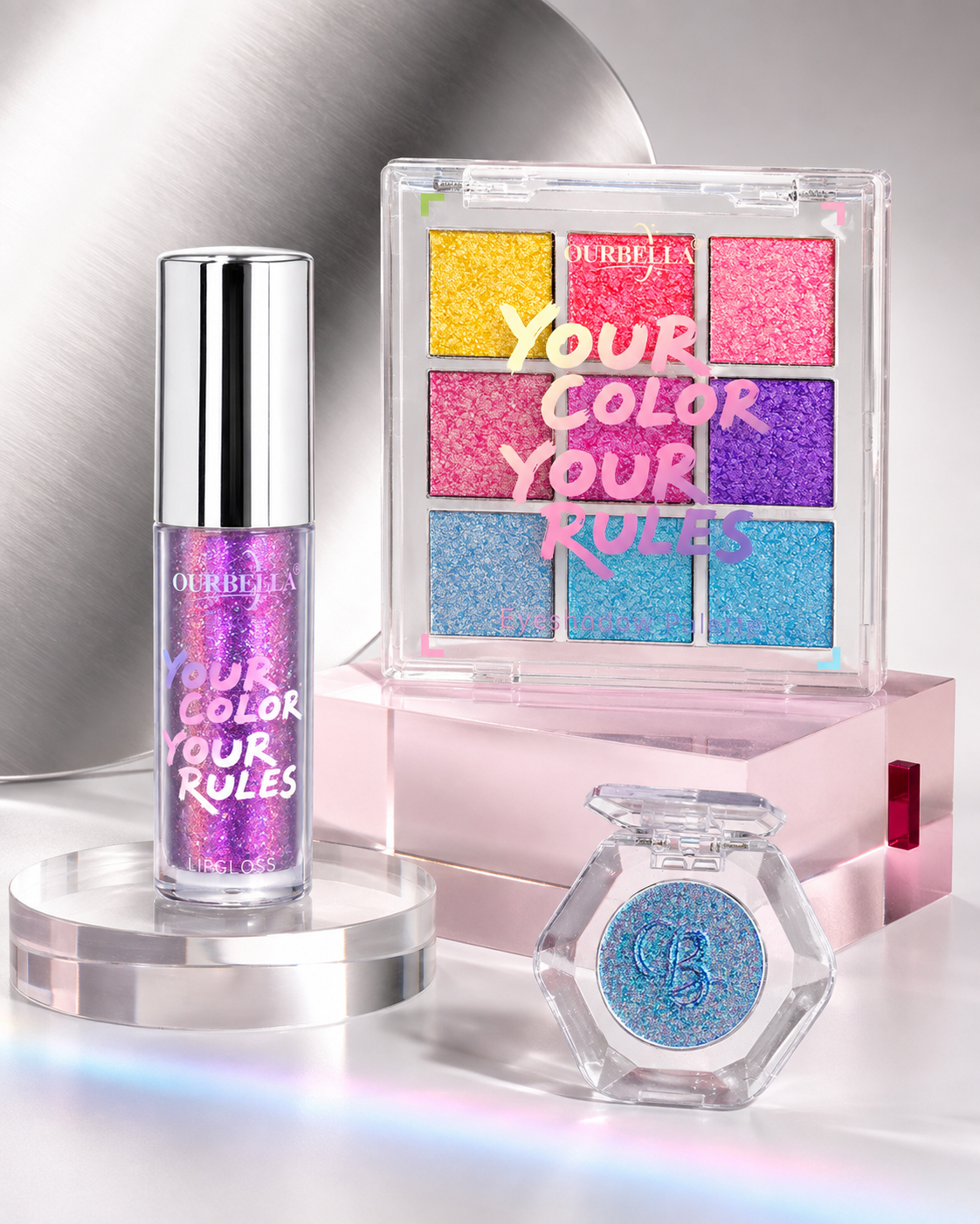 Ourbella multichrome makeup collection in reflective studio light