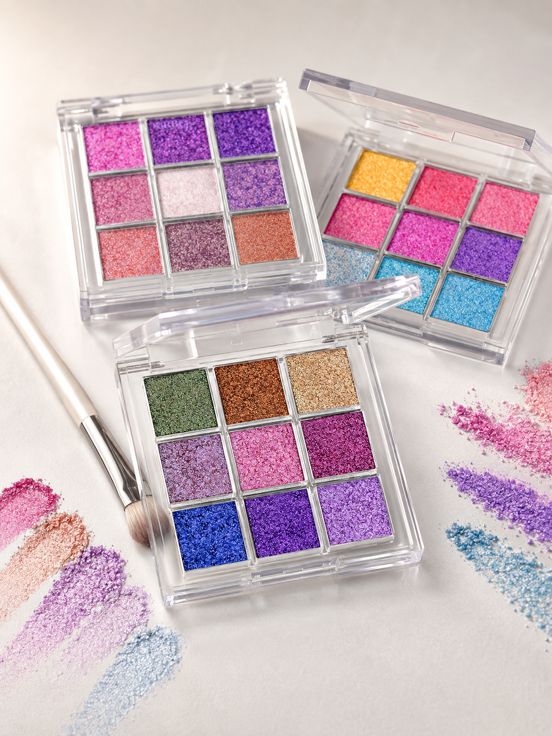 OURBELLA colorful eyeshadow palettes with multichrome swatches.