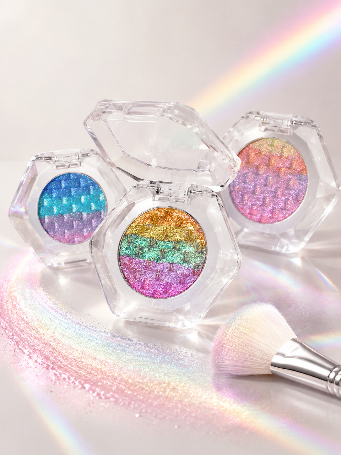 Five open OURBELLA rainbow highlights arranged on reflective fabric.