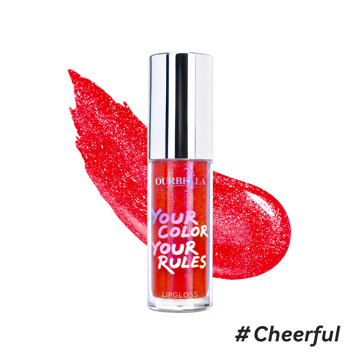 Sunny coral metallic shimmer lip gloss swatch of OURBELLA #Cheerful.