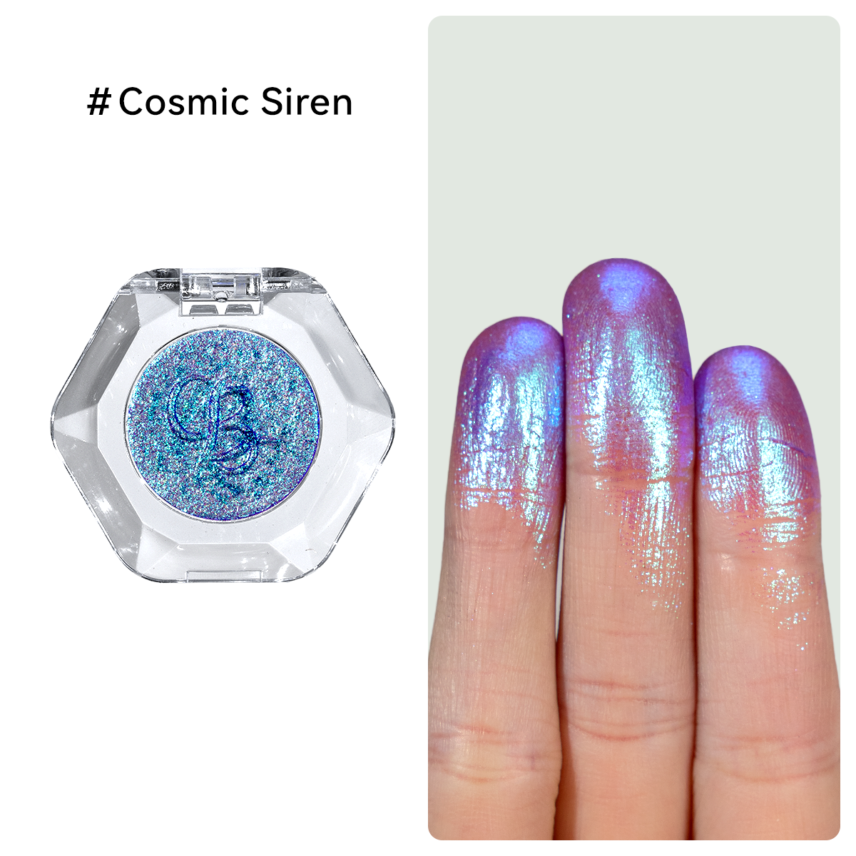 Iridescent teal and purple multi-chrome chameleon glitter eyeshadow by OURBELLA.  
