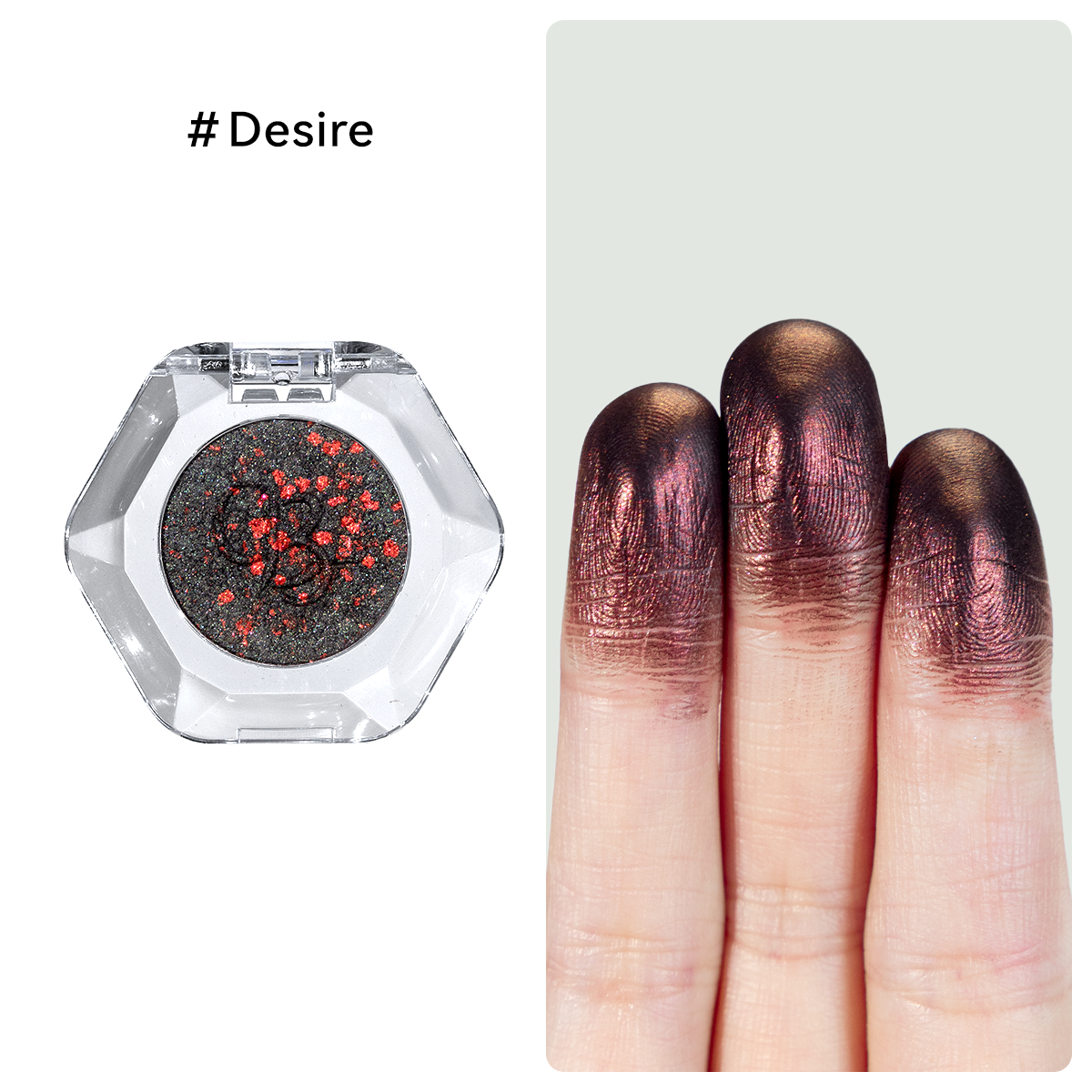 Dark charcoal base and burning red sparkle single glitter eyeshadow of OURBELLA #Desire.