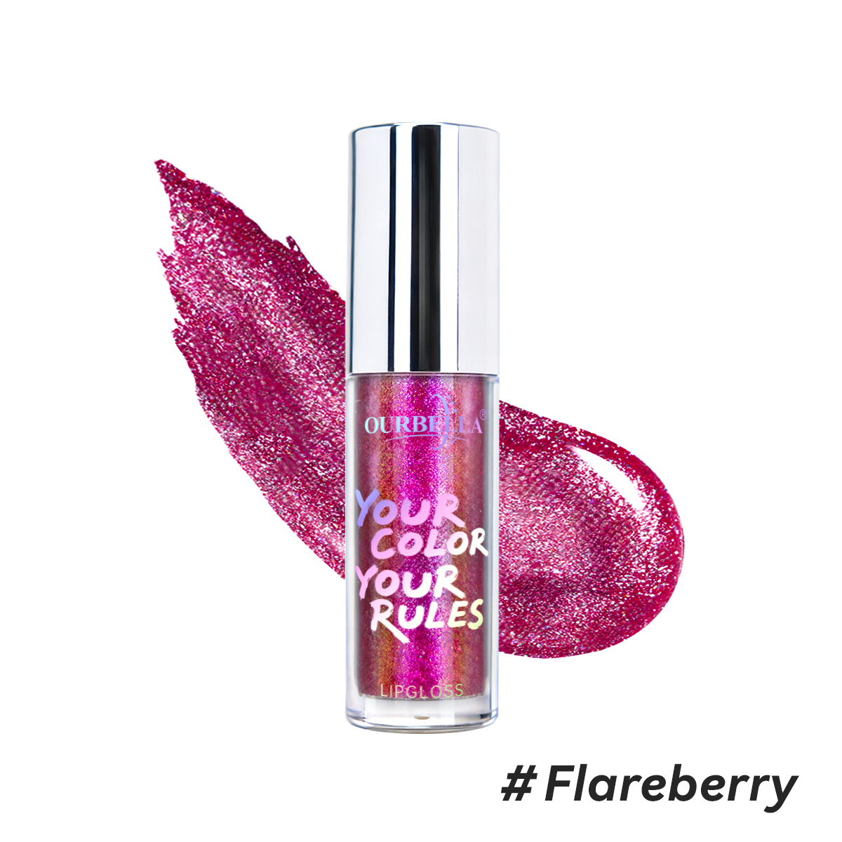 Deep metallic berry crimson shimmer lip gloss swatch of OURBELLA #Flareberry.