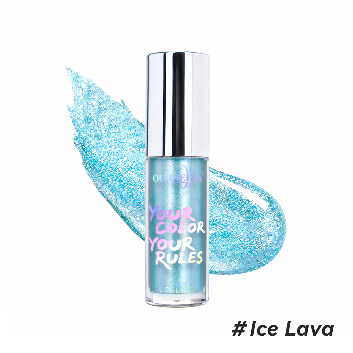 Multi-chrome ice blue metallic shimmer lip gloss swatch of OURBELLA #Ice Lava.