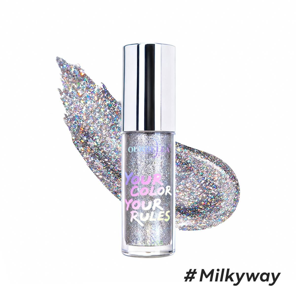 Clear base multi-dimensional silver metallic shimmer lip gloss swatch of Milkyway.