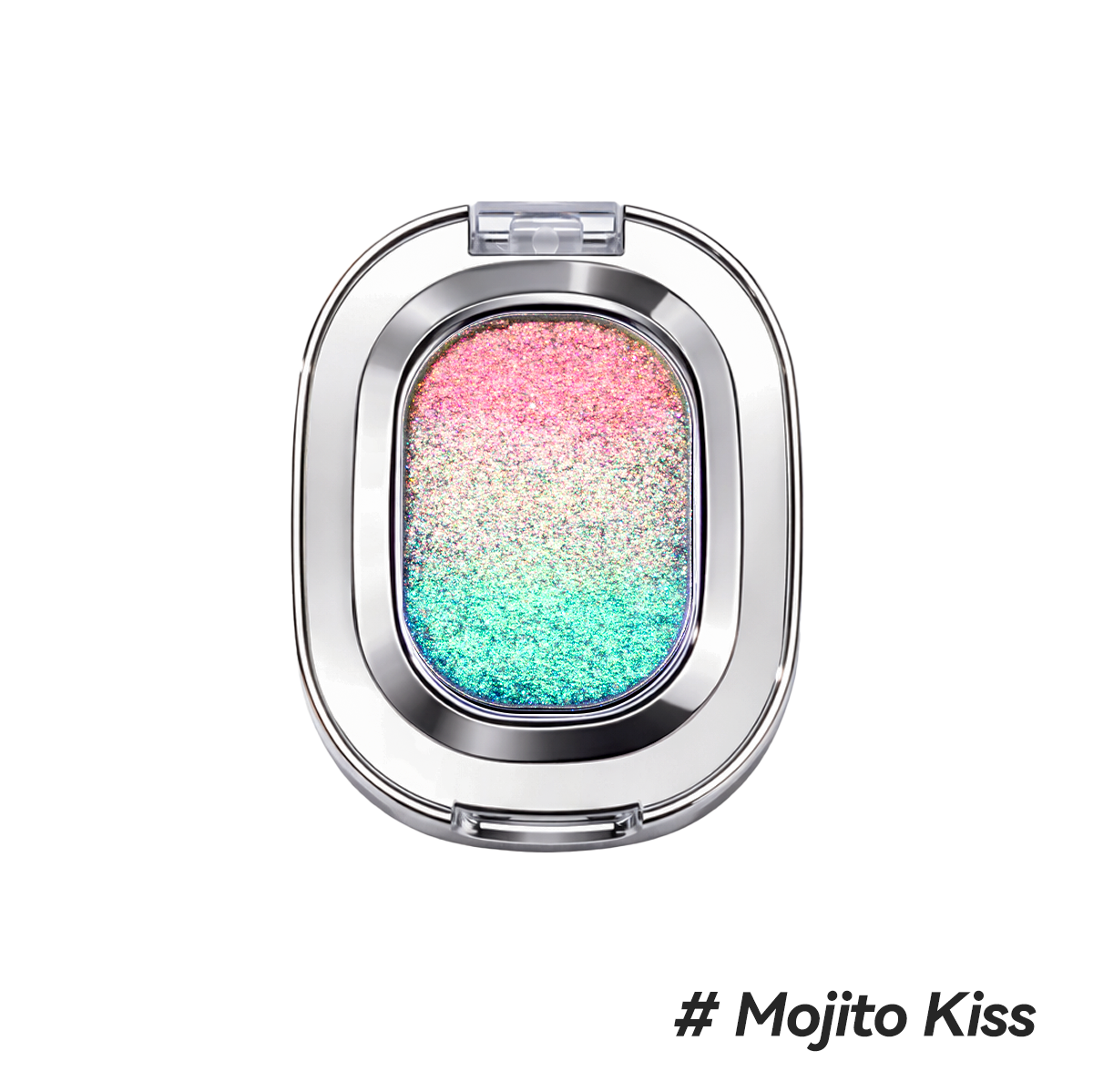 High-pigment tropical green and gold color-shifting gradient eyeshadow pan.