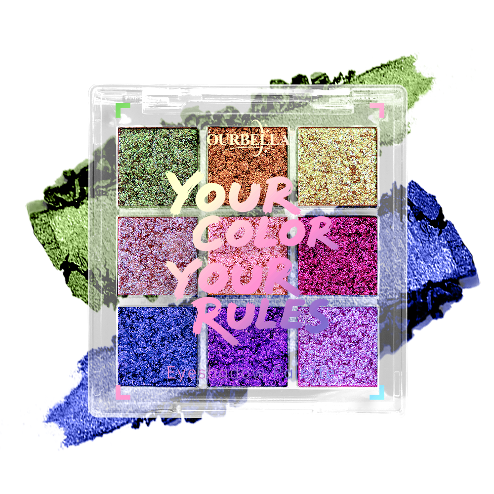 Bold high-impact neon glitter makeup eyeshadow palette with OURBELLA branding.