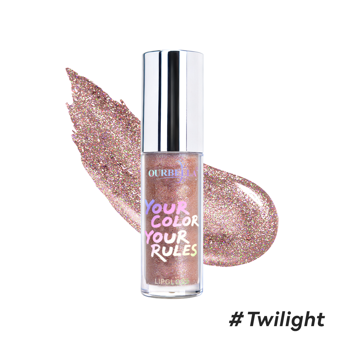 OURBELLA Twilight shimmer lip gloss in rose champagne with sparkling pink and multicolor shimmer