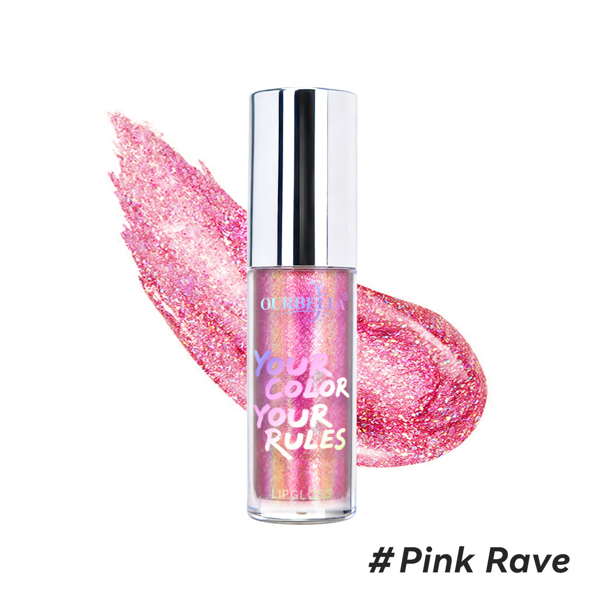 Vivid neon pink metallic glitter lip gloss swatch of OURBELLA #Pink Rave.