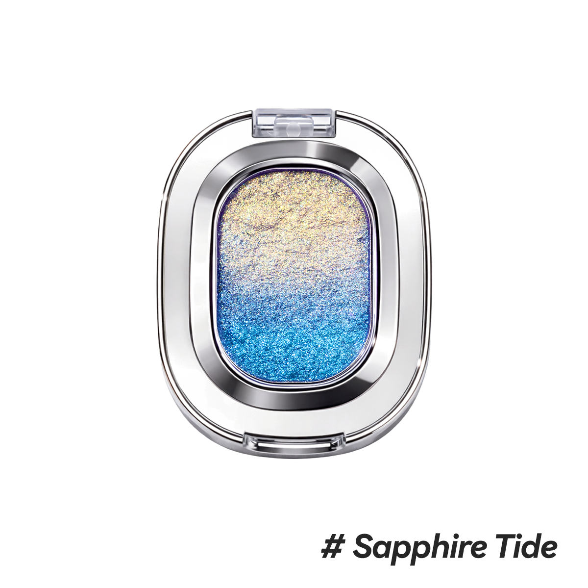 Oceanic cobalt and gold multi-chrome shifting gradient single eyeshadow compact.