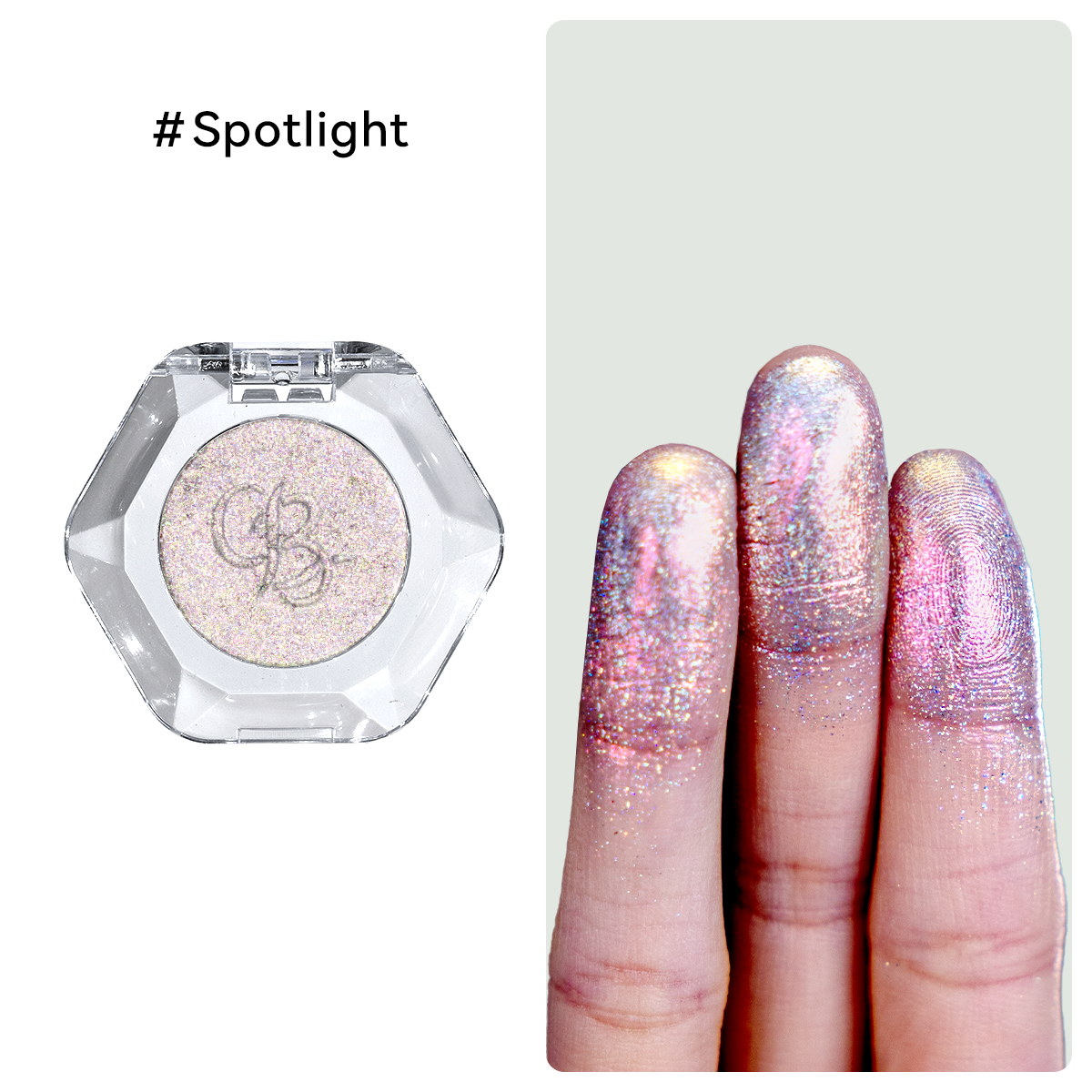 High-shine crystal silver prismatic glitter eyeshadow swatch of OURBELLA #Spotlight.