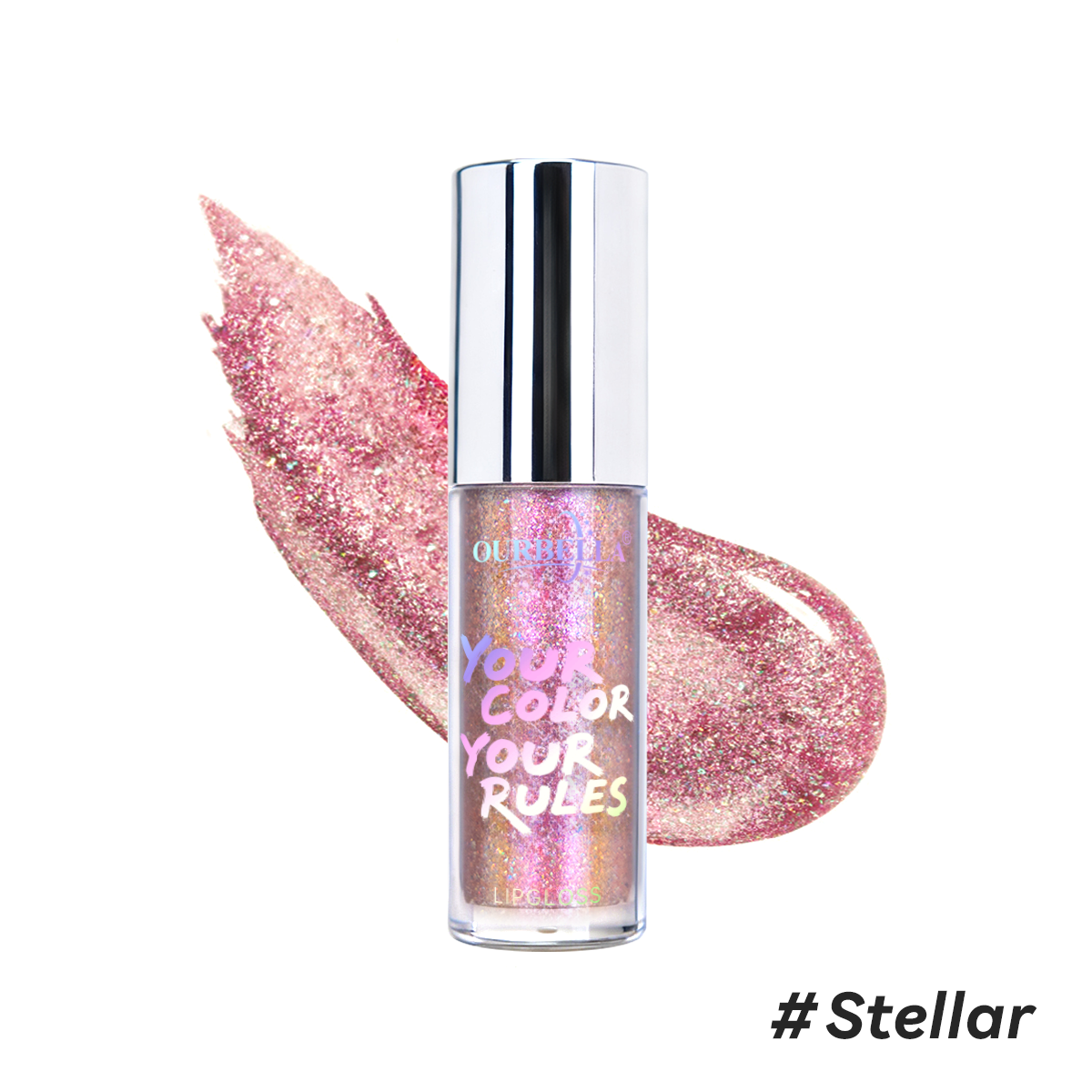 Romantic metallic rose pink shimmer lip gloss swatch of OURBELLA #Stellar.