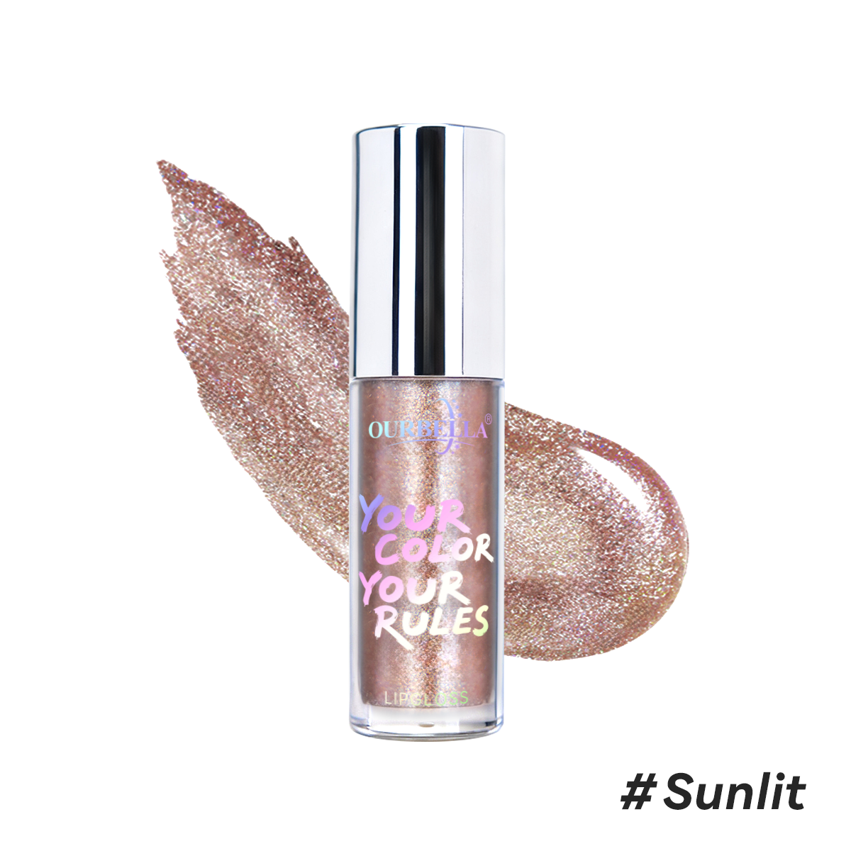 Radiant champagne gold shimmer lip gloss swatch of OURBELLA #Sunlit.
