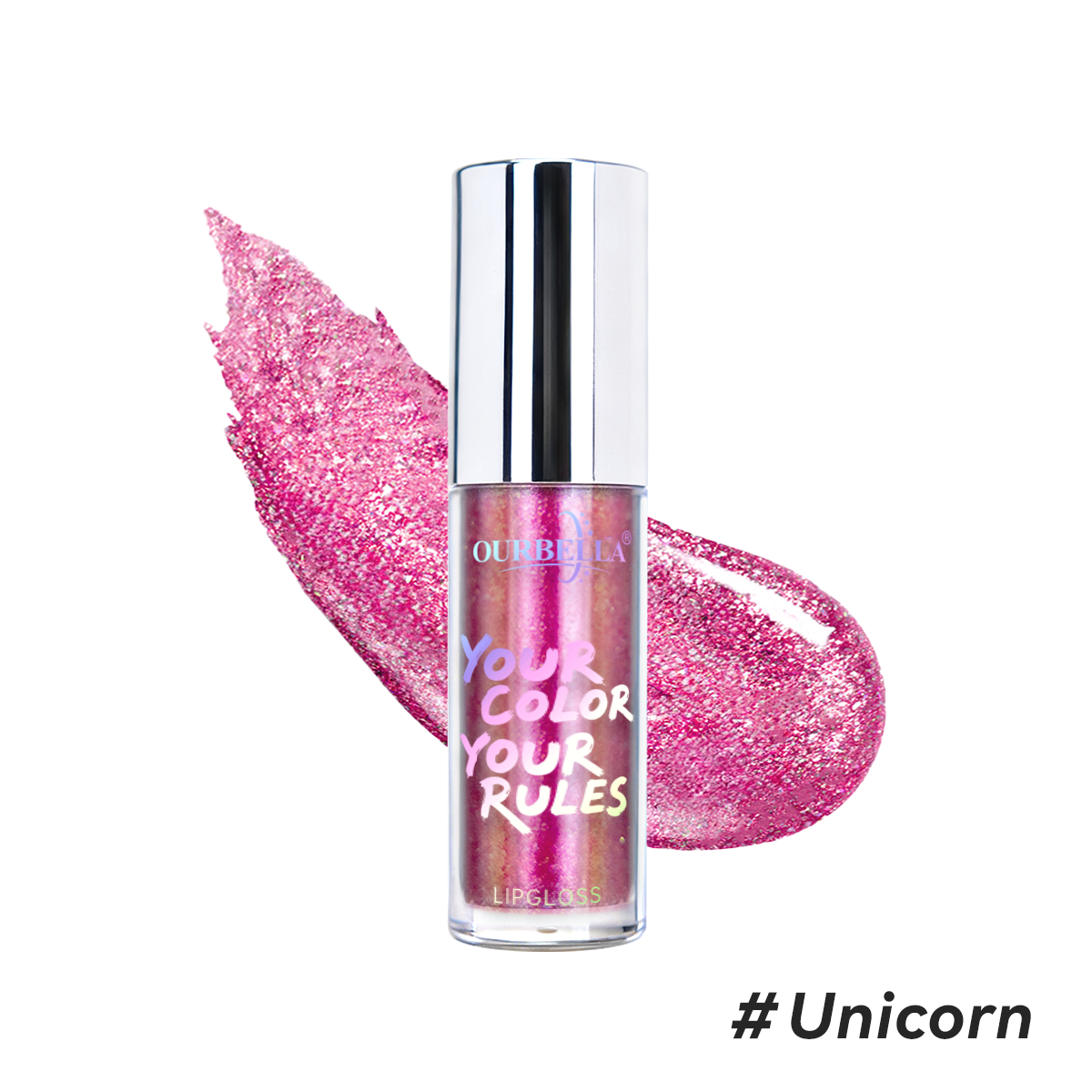 Prismatic pink glitter lip gloss swatch of OURBELLA #Unicorn