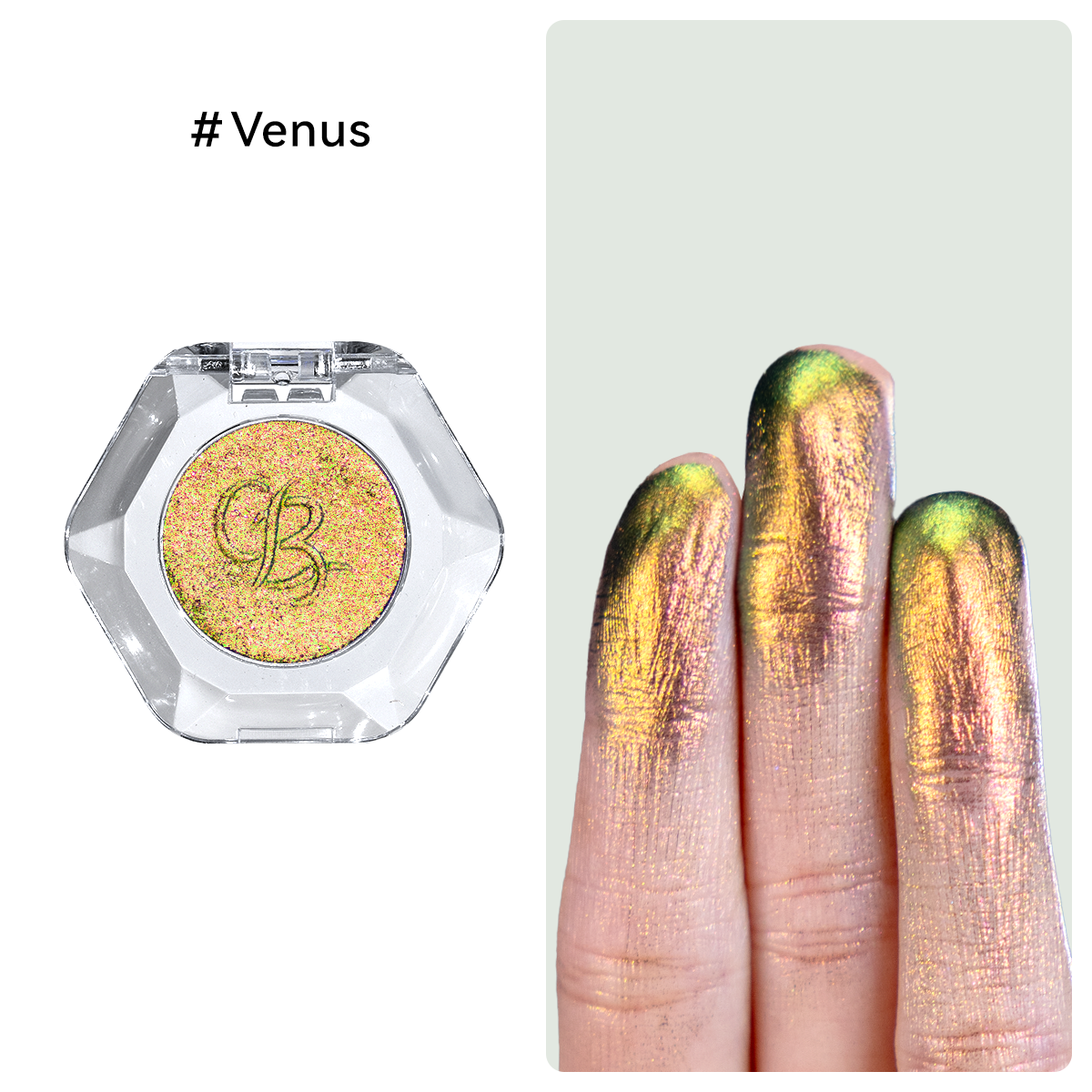 Intense chameleon metallic gold and green duochrome eyeshadow pan by OURBELLA.