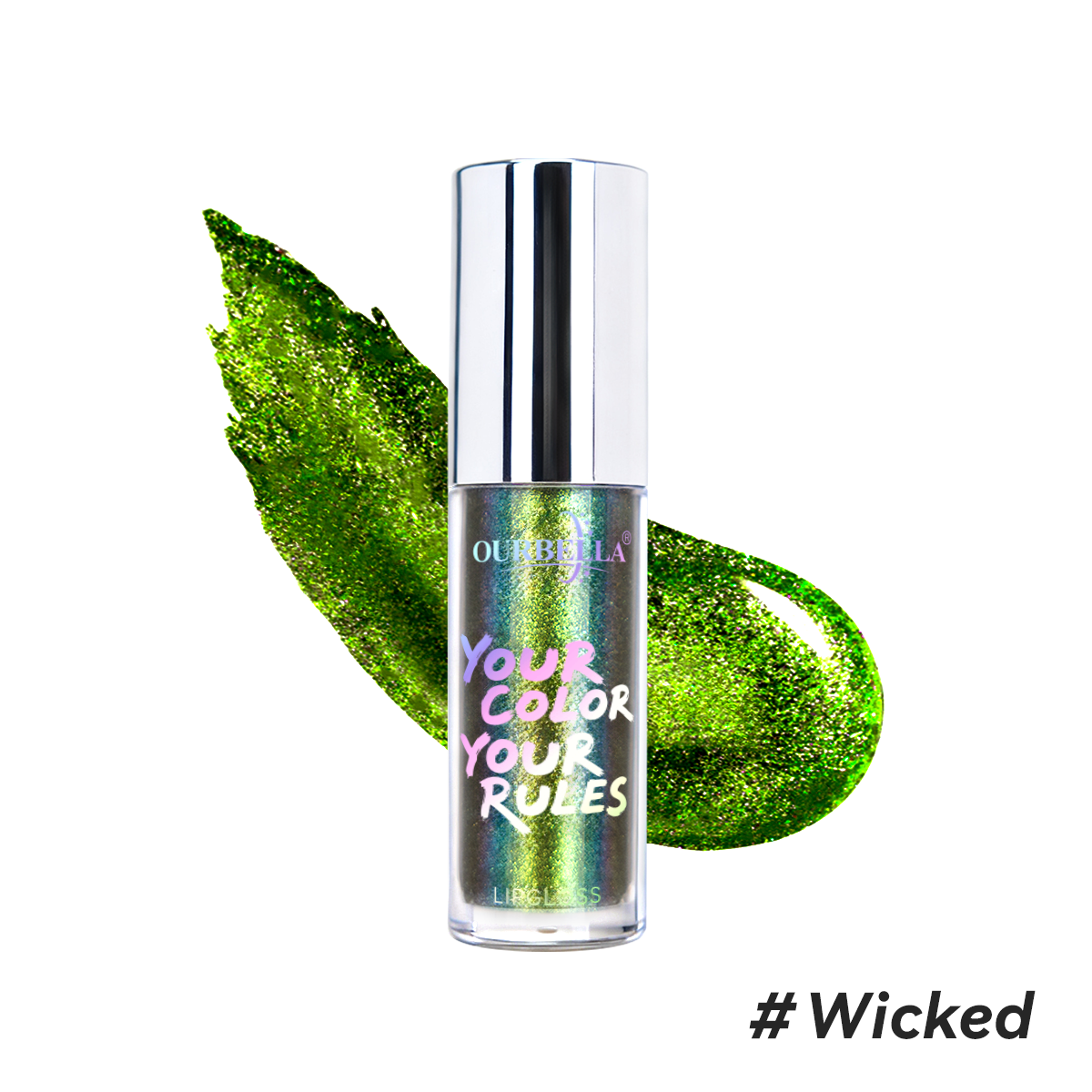 Shimmering metallic green lip gloss by OURBELLA in shade Wicked.