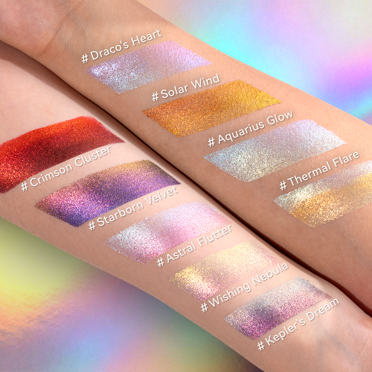 Swatches of all nine OURBELLA Nebula eyeshadow shades on two arms