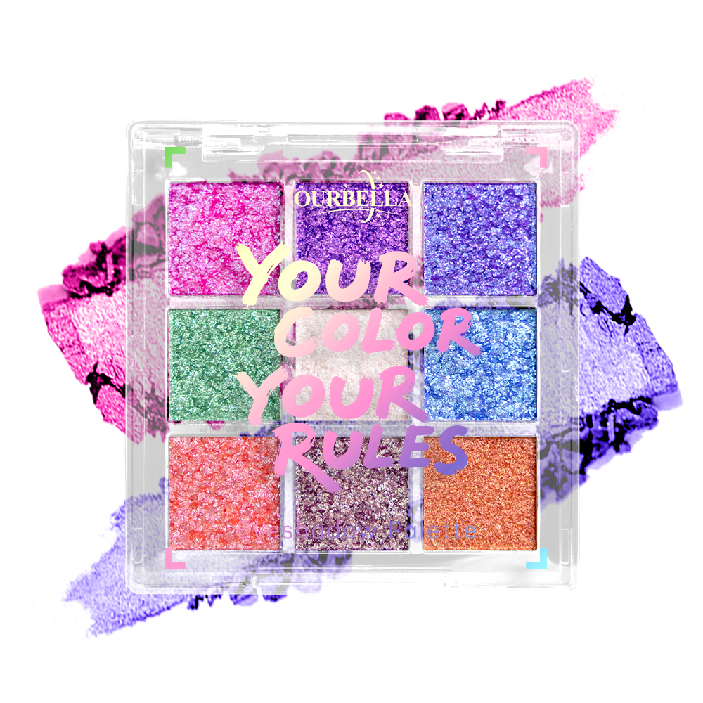 Prismatic color-shifting multi-chrome glitter eyeshadow palette of OURBELLA #Nebula.