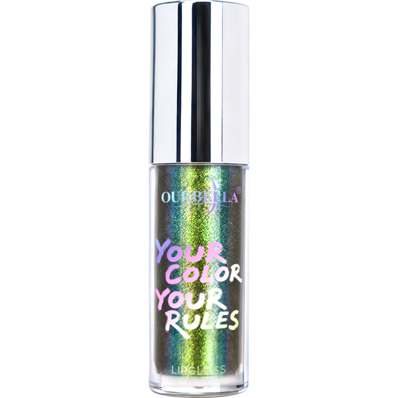OURBELLA Wicked shimmer lip gloss with emerald green, chartreuse, teal, and yellow-gold shimmer
