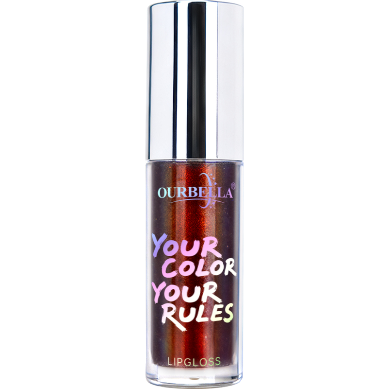 OURBELLA Bonfire shimmer lip gloss with deep brown, burgundy red, and copper shimmer