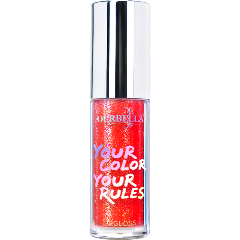 OURBELLA Candy Cane shimmer lip gloss with bright coral red, warm orange, and golden shimmer
