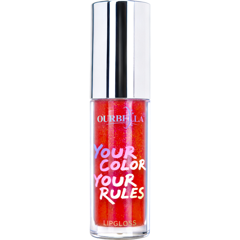 OURBELLA Cheerful shimmer lip gloss with vivid red, coral, and warm golden shimmer
