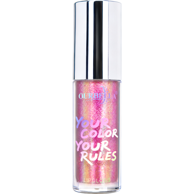 OURBELLA Pink Rave shimmer lip gloss with rosy pink, coral, and warm golden shimmer