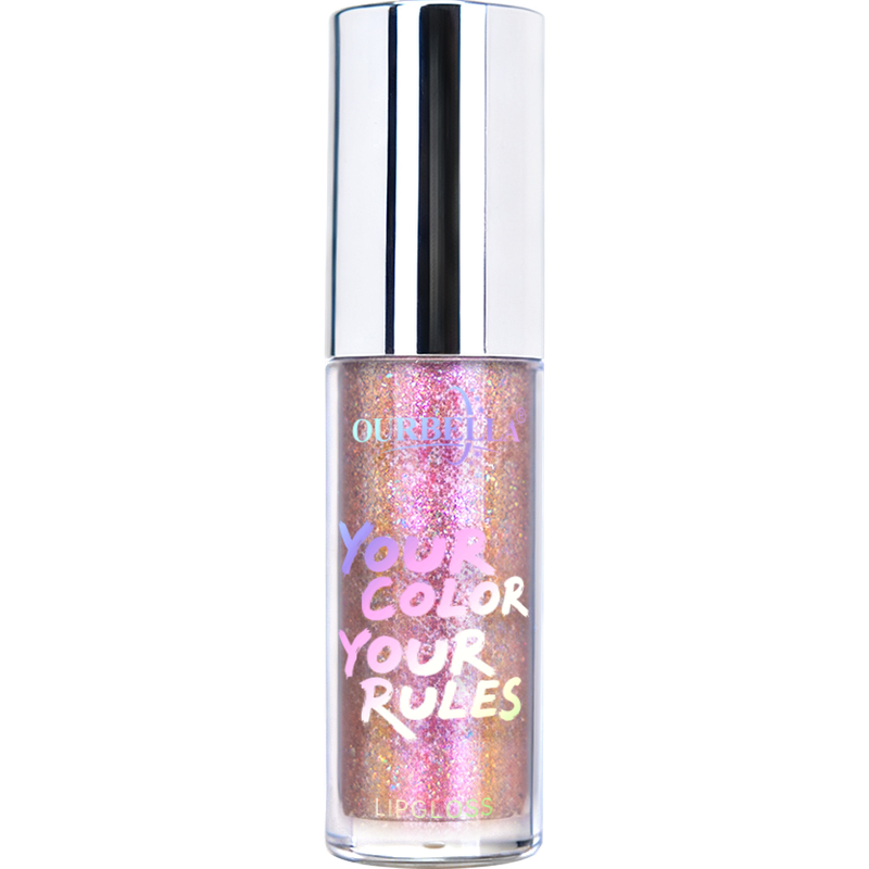 OURBELLA Stellar shimmer lip gloss with soft rose, champagne, pale lilac, and subtle green shimmer