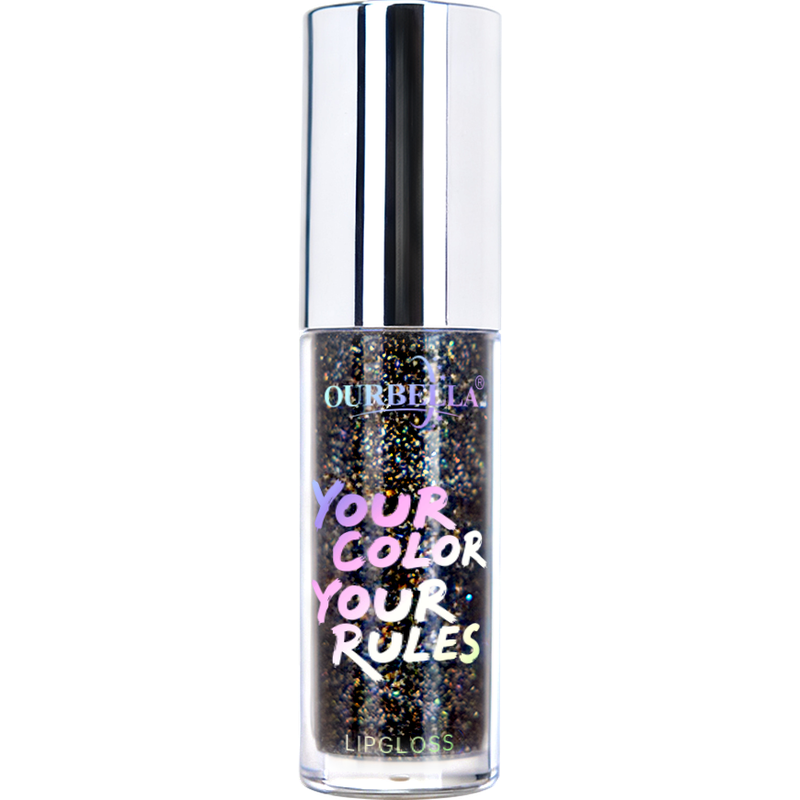 OURBELLA Supernova shimmer lip gloss with black, charcoal, silver, and multicolor reflective shimmer